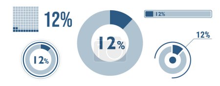 Illustration for 12 percent loading data icon set. Twelve circle diagram, pie donut chart, progress bar. 12% percentage infographic. Vector concept collection, blue color. - Royalty Free Image