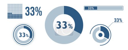 Illustration for 33 percent loading data icon set. Thirty-three circle diagram, pie donut chart, progress bar. 33% percentage infographic. Vector concept collection, blue color. - Royalty Free Image