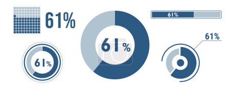 Illustration for 61 percent loading data icon set. Sixty-one circle diagram, pie donut chart, progress bar. 61% percentage infographic. Vector concept collection, blue color. - Royalty Free Image