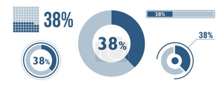 Illustration for 38 percent loading data icon set. Thirty-eight circle diagram, pie donut chart, progress bar. 38% percentage infographic. Vector concept collection, blue color. - Royalty Free Image