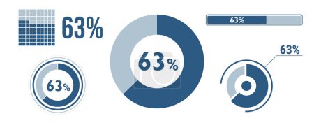 Illustration for 63 percent loading data icon set. Sixty-three circle diagram, pie donut chart, progress bar. 63% percentage infographic. Vector concept collection, blue color. - Royalty Free Image