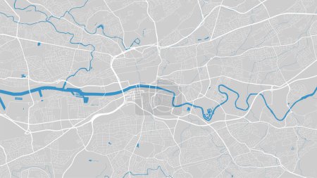 Ilustración de Clyde river map, Glasgow city, Scotland. Watercourse, water flow, blue on grey background road map. Vector illustration, detailed silhouette. - Imagen libre de derechos