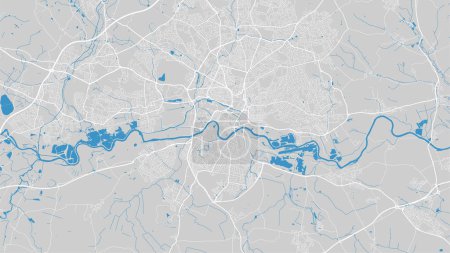 Ilustración de Trent river map, Nottingham city, England. Watercourse, water flow, blue on grey background road map. Vector illustration, detailed silhouette. - Imagen libre de derechos