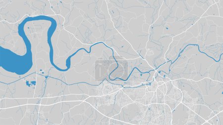 Ilustración de Severn river map, Gloucester city, Wales, England. Watercourse, water flow, blue on grey background road map. Vector illustration, detailed silhouette. - Imagen libre de derechos