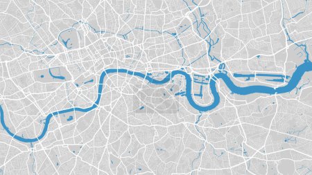 Ilustración de Thames river map, London city, England. Watercourse, water flow, blue on grey background road map. Vector illustration, detailed silhouette. - Imagen libre de derechos