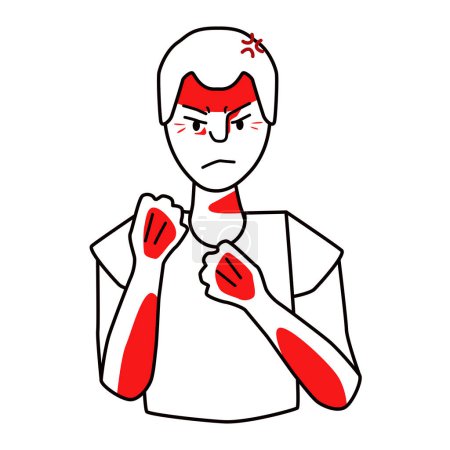 Illustration for Angry young boy, furious emotion. Annoyed, fierce and savage teenager, negative evil mood male kid, threatened with fists. Line with red spots style, half body adolescent vector drawing. - Royalty Free Image