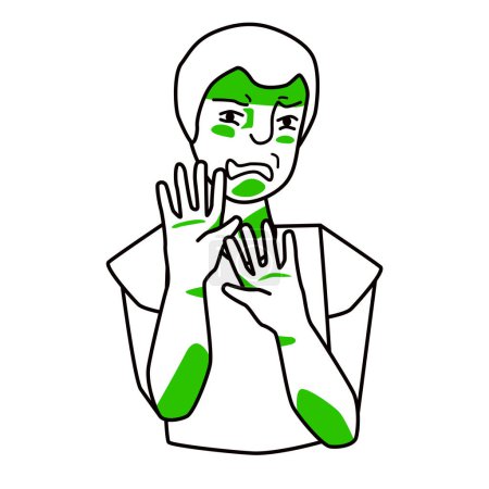 Illustration for Boy with disgust emotion. Disgusted male kid, loathing schoolboy with sickness and repugnance. Adolescent raised his hands with revulsion. Half body, line with green spots style drawing. - Royalty Free Image