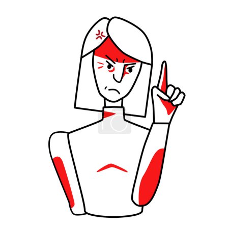 Ilustración de Angry woman, annoyed emotion. Irritated half body female line drawing with red spots, evil mood maiden, threatened with a finger. Give a lesson. - Imagen libre de derechos