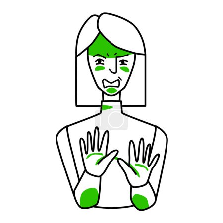Illustration for Woman with emotion of disgust. Disgusted half body female character with square hairstyle, negative revulsion mood, no with her hands. Line with spots drawing. - Royalty Free Image