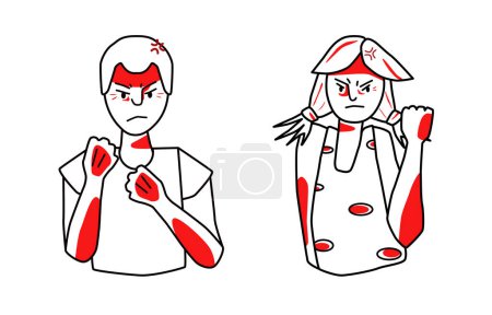 Illustration for Angry young boy and girl, choleric mood, anger emotion, threaten with fists. Half body sketch style line drawing with red spots. - Royalty Free Image