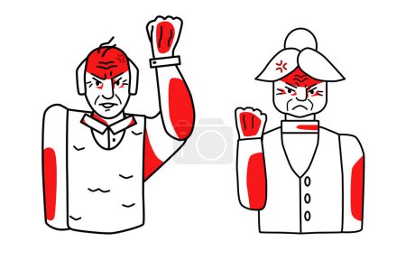 Illustration for Angry old man and woman, grandfather and grandmother with emotion of anger. Threaten with fist. Half body sketch style line drawing with red spots. - Royalty Free Image