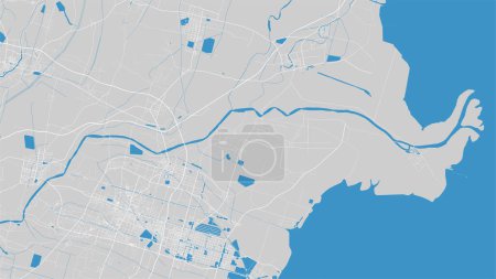 Ilustración de Mapa amarillo del río, Huang He, ciudad de Dongying, China. Curso de agua, flujo de agua, azul sobre fondo gris hoja de ruta. Ilustración vectorial, silueta detallada. - Imagen libre de derechos