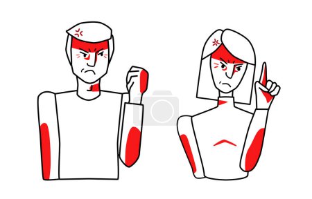 Illustration for Angry man and woman characters, choleric mood, anger emotion, threaten with fist. Half body sketch style line drawing with red spots. - Royalty Free Image