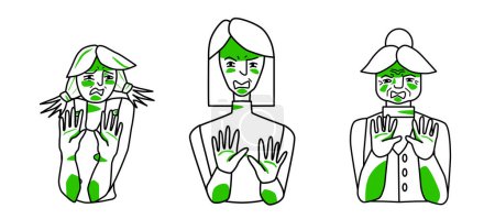 Illustration for Disgust emotion female set. Young, adult and old women with a disgusted mood, negative reaction, cover themself with hands. Line art drawing human characters with green spots. - Royalty Free Image