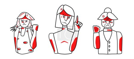 Illustration for Angry female set. Young, adult and old woman with an irritated mood, anger, choleric emotion, threaten with fists. Line art drawing human characters with red spots. - Royalty Free Image