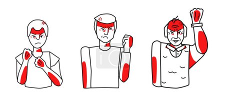 Illustration for Angry male set. Young, adult and old man with an irritated mood, anger, choleric emotion, threaten with fists. Line art drawing human characters with red spots. - Royalty Free Image