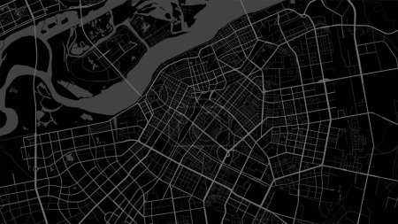 Ilustración de Oscuro negro Harbin ciudad vector mapa de fondo, carreteras e ilustración del agua. Proporción de pantalla ancha, hoja de ruta digital de diseño plano. - Imagen libre de derechos