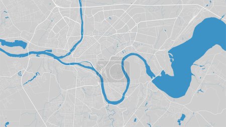 River Neman map, Kaunas city, Lithuania. Watercourse, water flow, blue on grey background road map. Vector illustration, detailed silhouette.