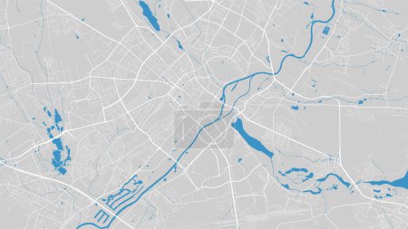 River Warta map, Poznan city, Poland. Watercourse, water flow, blue on grey background road map. Vector illustration, detailed silhouette.