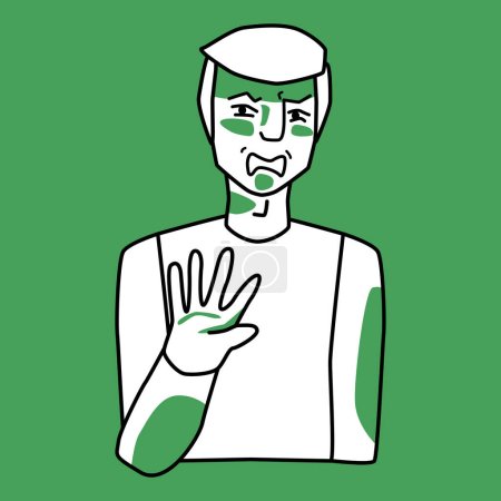Illustration for Adult male with emotion of disgust, green and white. Man with blond hair protects himself with his hand. Line art hand drawn sketch style design, half body vector illustration. - Royalty Free Image