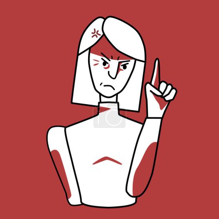 Illustration for Angry woman, annoyed emotion, red and white. Irritated half body female line drawing with spots, evil mood maiden, threatened with a finger. Give a lesson. - Royalty Free Image