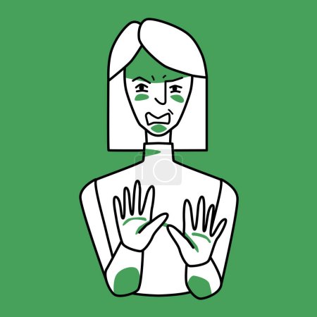 Illustration for Woman with emotion of disgust, green and white. Disgusted half body female character with square hairstyle, negative revulsion mood, no with her hands. Line with spots drawing. - Royalty Free Image