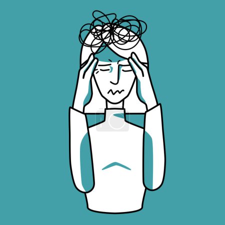 Stressed woman character, emotion of anxiety, mint and white. Stressful mood of a female, worried maid with tension, under stress and pressure. Closed her eyes, holding hands on a head.