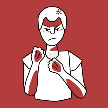 Illustration for Angry young boy, red and white. Annoyed, fierce and savage teenager, negative evil mood male kid, threatened with fists. Line with spots, half body adolescent vector drawing. - Royalty Free Image