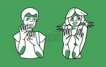 Illustration for Boy and girl with emotion of disgust, green and white, antipathy mood, protect themselves with hands. Sketch style line drawing. - Royalty Free Image