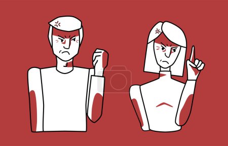 Illustration for Angry man and woman characters, red and white, choleric mood, anger emotion, threaten with fist. Half body sketch style line drawing. - Royalty Free Image
