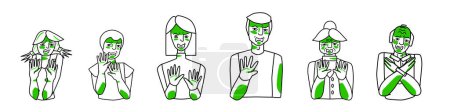 Illustration for Emotion of disgust, people set. Disgusted boy and girl, man and woman, grandfather and grandmother. over with hands. Sketched style white and green spots. - Royalty Free Image