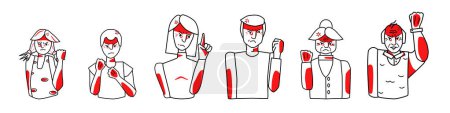 Illustration for Set of anger emotion characters. Angry boy and girl, man and woman, grandfather and grandmother. Threaten with a fist. Sketched style white and red spots vector illustration. - Royalty Free Image