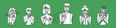 Illustration for Set of people with disgust. Disgusted boy and girl, man and woman, grandfather and grandmother. Cover with hands. Green and white color, sketched style vector illustration. - Royalty Free Image