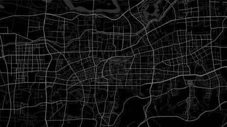 Ilustración de Oscuro negro Jinan área de la ciudad vector mapa de fondo, carreteras e ilustración del agua. Proporción de pantalla ancha, hoja de ruta digital de diseño plano. - Imagen libre de derechos