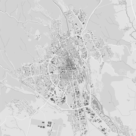 Illustration for Urban city vector map of Kosice. Vector illustration, Kosice map grayscale black and white art poster. road map image with roads, metropolitan city area view. - Royalty Free Image