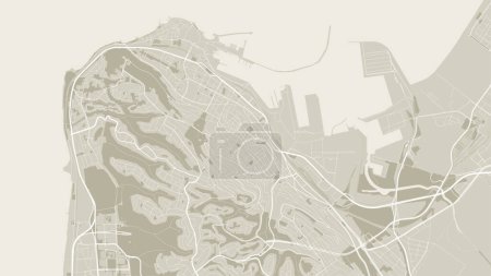 Ilustración de Sepia Haifa Mapa de fondo vectorial de la ciudad, carreteras y cartografía del agua ilustración. Proporción de pantalla ancha, hoja de ruta digital de diseño plano. - Imagen libre de derechos