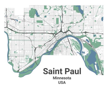 Ilustración de Saint Paul mapa, capital del estado de Minnesota, Estados Unidos. Mapa del área administrativa municipal con ríos y carreteras, parques y ferrocarriles. Ilustración vectorial. - Imagen libre de derechos
