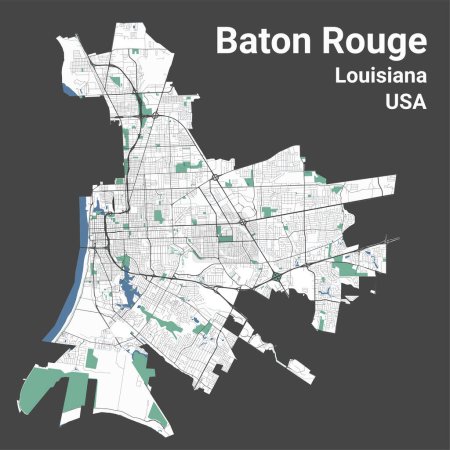 Téléchargez les illustrations : Carte de Baton Rouge, capitale de l'État de Louisiane aux États-Unis. Carte des zones administratives municipales avec rivières et routes, parcs et chemins de fer. Illustration vectorielle. - en licence libre de droit
