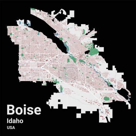 Ilustración de Mapa de Boise, capital del estado estadounidense de Idaho. Mapa del área administrativa municipal con edificios, ríos y carreteras, parques y ferrocarriles. Ilustración vectorial. - Imagen libre de derechos