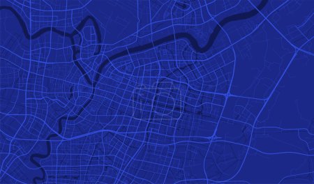 Illustration for Dark blue Ningbo city area vector background map, roads and water illustration. Widescreen proportion, digital flat design roadmap. - Royalty Free Image