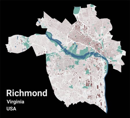 Téléchargez les illustrations : Richmond map, capitale de l'État de Virginie aux États-Unis. Carte des zones administratives municipales avec bâtiments, rivières et routes, parcs et chemins de fer. Illustration vectorielle. - en licence libre de droit