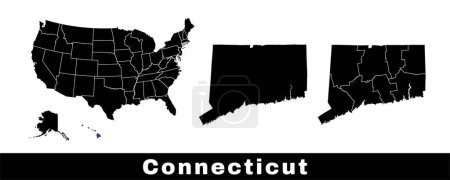 Téléchargez les illustrations : Carte de l'État du Connecticut, États-Unis. Ensemble de cartes du Connecticut avec contour de la frontière, des comtés et des États américains. Illustration vectorielle couleur noir et blanc. - en licence libre de droit