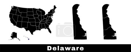 Téléchargez les illustrations : Carte de l'État du Delaware, États-Unis. Ensemble de cartes du Delaware avec contour de la frontière, des comtés et des États américains. Illustration vectorielle couleur noir et blanc. - en licence libre de droit