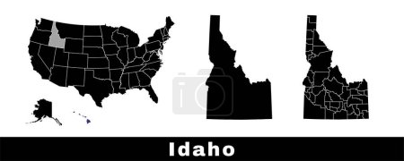 Illustration for Map of Idaho state, USA. Set of Idaho maps with outline border, counties and US states map. Black and white color vector illustration. - Royalty Free Image