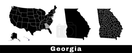 Ilustración de Mapa de Georgia state, Estados Unidos. Conjunto de mapas de Georgia con contorno de frontera, condados y estados de Estados Unidos mapa. Ilustración vectorial de color blanco y negro. - Imagen libre de derechos