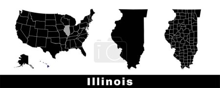 Ilustración de Mapa de Illinois state, Estados Unidos. Conjunto de mapas de Illinois con contorno de frontera, condados y estados de Estados Unidos mapa. Ilustración vectorial de color blanco y negro. - Imagen libre de derechos