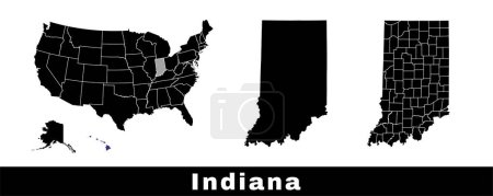 Téléchargez les illustrations : Carte de l'État de l'Indiana, États-Unis. Ensemble de cartes de l'Indiana avec les contours de la frontière, des comtés et des États américains. Illustration vectorielle couleur noir et blanc. - en licence libre de droit