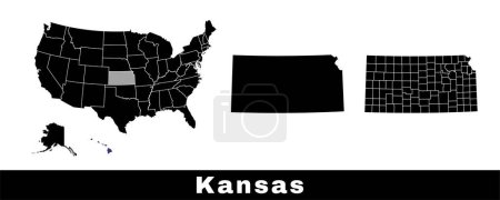 Téléchargez les illustrations : Carte de l'État du Kansas, États-Unis. Ensemble de cartes du Kansas avec les contours de la frontière, des comtés et des États américains. Illustration vectorielle couleur noir et blanc. - en licence libre de droit