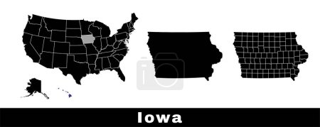 Téléchargez les illustrations : Carte de l'État de l'Iowa, États-Unis. Ensemble de cartes de l'Iowa avec contour de la frontière, des comtés et des États américains. Illustration vectorielle couleur noir et blanc. - en licence libre de droit