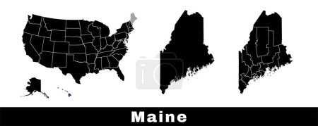 Téléchargez les illustrations : Carte de l'état du Maine, États-Unis. Série de cartes du Maine avec les contours de la frontière, des comtés et des États américains. Illustration vectorielle couleur noir et blanc. - en licence libre de droit